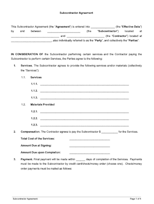 subcontractor agreement template for professional services